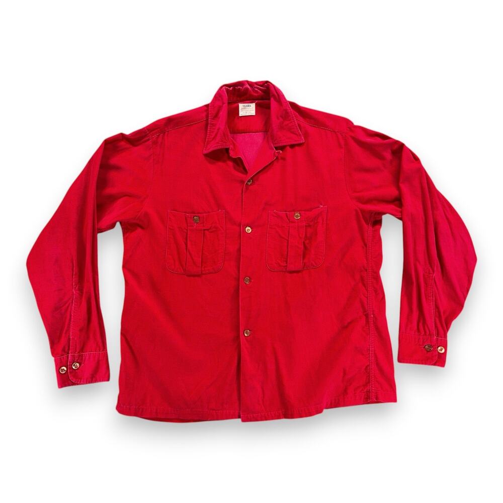 Vintage Sears Shirt Adult MEDIUM Red Corduroy Workwear Loop Camp Collar USA 60s